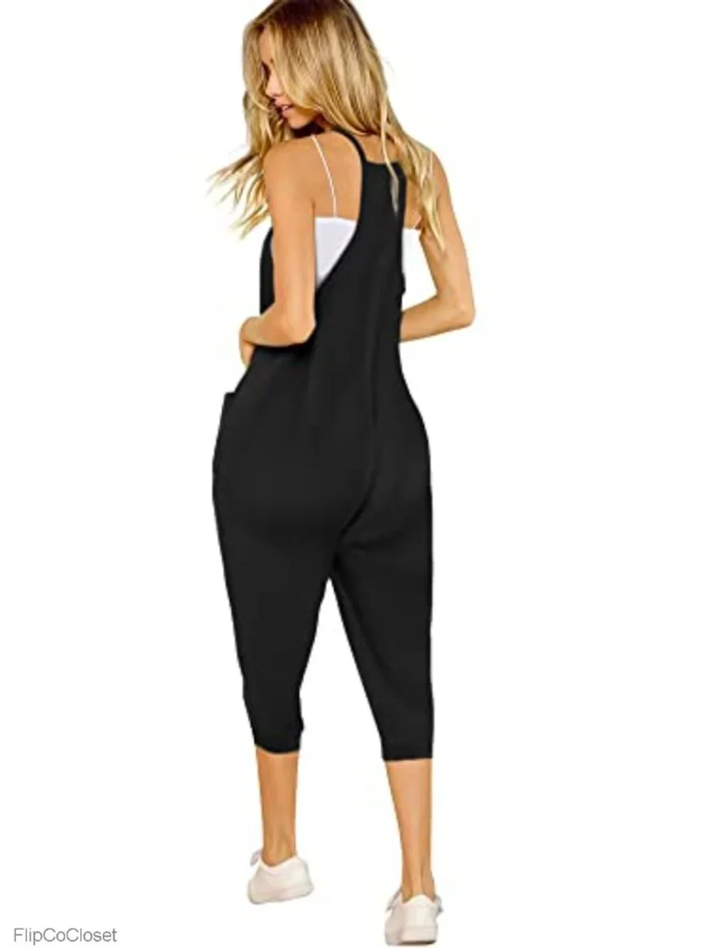 Women's Sleeveless V-Neck Spaghetti Strap Jumpsuit with Pockets Casual Summer